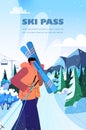 skier man holding skis sportsman skiing doing activities christmas new year holidays celebration winter vacation ski