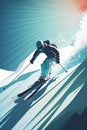 Skier man slide down snowy mountain winter landscape vector illustration. Man enjoy active pastime retro style.