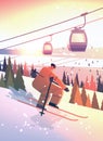 skier man sliding down sportsman skiing doing activities winter vacation concept sunset snowfall landscape
