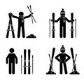 Skier man standing with ski stick figure vector icon pictogram set. Winter snow fun sport leisure lifestyle holiday active game