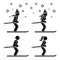 Skier man and woman skiing stick figure vector icon pictogram set. Winter snow fun sport leisure lifestyle holiday active game