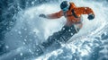 Skier in mask going down mountain slope on snowy background, man in orange jacket skiing downhill spraying snow in winter. Concept