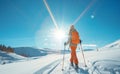 Skier mountains hiking sport snow hike skiing trek climbing winter Royalty Free Stock Photo