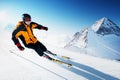 Skier in mountains, prepared piste and sunny day Royalty Free Stock Photo