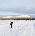 Skier next to mountains in Lapland
