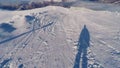 Skiing at snowed area action camera POV perspective.