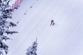 Skier racing down the Steep Speed skiing slope at Velocity Challenge and FIS Speed Ski World Cup Race at Sun Peaks Ski Resort