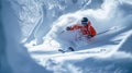 Skier in red clothes moves at mountain slope spraying snow powder, man in mask skiing downhill in winter. Concept of sport, powder Royalty Free Stock Photo