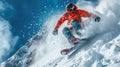 Skier in red jacket on mountain slope on sky and snow background, man in mask skiing downhill spraying powder in winter. Concept Royalty Free Stock Photo