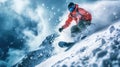 Skier in red jacket moves at mountain slope, man skiing downhill with splash of snow in winter. Concept of sport, powder, extreme Royalty Free Stock Photo