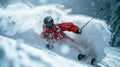 Skier in red jacket moves at mountain slope in winter, man in mask skiing downhill with splash of snow. Concept of sport, powder, Royalty Free Stock Photo