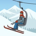 skier rides mountain on ski lift pop art vector