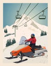 Skier rides a powerful snowmobile against the background of snow-capped mountains. Vector poster.