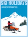 Skier rides a powerful snowmobile against the background of snow-capped mountains. Vector poster.