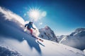 The skier rides skiing after a snowy slope in sunlight