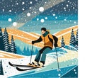 Skier rides in snowy forest, winter landscape, mountain background