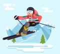 Skier riding high speed mountain winter mountains vacation skiing flat design vector illustration Royalty Free Stock Photo