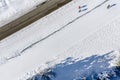 Skier running on the track. Snow white field. Aerial Royalty Free Stock Photo