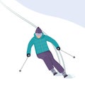 The skier rushes down the slope with a smile on his face. Winter holidays in the mountains. Alpine skiing. Vector illustration in