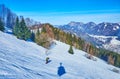 The skier and shadow of cable car, Zwolferhorn, St Gilgen, Salzkammergut, Austria