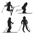 Skier silhouette icon set isolated. Jumping, freestyle, downhill skiing sportsman Royalty Free Stock Photo