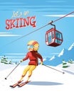 Skier on ski slope , cable car and mountains in background Royalty Free Stock Photo