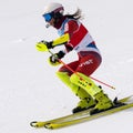 Skier skiing down mountain slope. Russian Alpine Skiing Championship, slalom Royalty Free Stock Photo