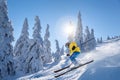 Skier skiing downhill in high mountains against the fairytale winter forest Royalty Free Stock Photo