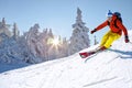 Skier skiing downhill in high mountains against against the fairytale winter forest with sunset Royalty Free Stock Photo