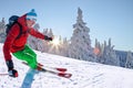 Skier skiing downhill in high mountains against against the fairytale winter forest with sunset Royalty Free Stock Photo