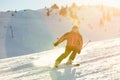 Skier skiing downhill in high mountains against sunset Royalty Free Stock Photo