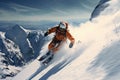 Skier skiing downhill in high mountains. Sport and active life concept, Extreme skiing and jumping on the snow, rear view, no Royalty Free Stock Photo
