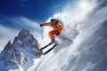 Skier skiing downhill in high mountains on a sunny day. Generative AI Royalty Free Stock Photo