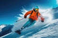 Skier skiing downhill in high mountains on a sunny day. Generative AI Royalty Free Stock Photo