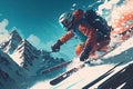 Skier skiing downhill in high mountains in winter, illustration ai Royalty Free Stock Photo