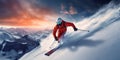 A skier is skiing downhill in high mountains. Winter sport Royalty Free Stock Photo