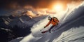 A skier is skiing downhill in high mountains. Winter sport Royalty Free Stock Photo