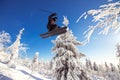 Skier skiing downhill jump during sunny day fresh snow freeride. Extreme High speed, frosty dust scatters Royalty Free Stock Photo