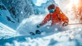 Skier skiing downhill in snowy mountains during winter vacations