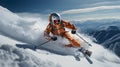 Skier skiing downhill in high mountains. Royalty Free Stock Photo