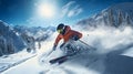 Skier skiing downhill in high mountains. Royalty Free Stock Photo