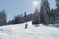 Skier skiing in fresh snow on ski in the mountains on a sunny wi