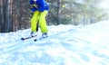 Skier is skiing in winter forest on the snow wearing a sportswear Royalty Free Stock Photo