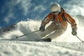 skier slides down from steep mountains on snow