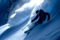 skier slides down from steep mountains on snow