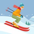 Skier on Slope Vector Illustration in Flat Design