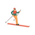 The skier slowly descends from the mountain, bending over when turning