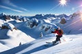 Skier, snowboarder in mountains. Winter snow sports concept