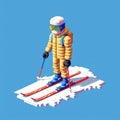 Hyper-realistic 3d Pixel Art Skier On Blue Background