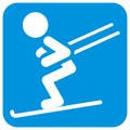 Skier, white silhouette at blue frame, vector icon